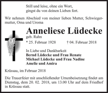 Traueranzeige von Anneliese Lüdecke (geb. Rahn)  von Magdeburger Volksstimme
