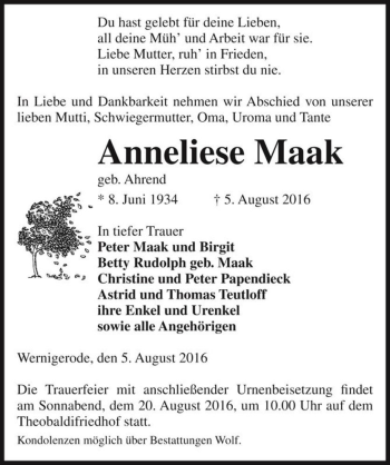 Traueranzeige von Anneliese Maak (geb. Ahrend)  von Magdeburger Volksstimme