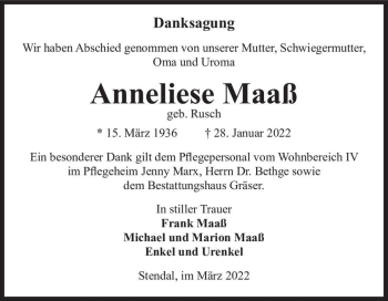 Traueranzeige von Anneliese Maaß (geb. Rusch)  von Magdeburger Volksstimme