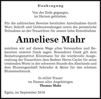 Traueranzeige von Anneliese Mahr  von Magdeburger Volksstimme