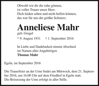 Traueranzeige von Anneliese Mahr (geb. Grugel)  von Magdeburger Volksstimme