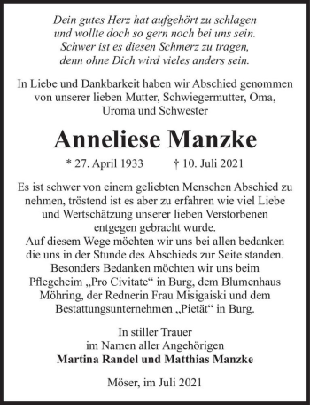 Traueranzeige von Anneliese Manzke  von Magdeburger Volksstimme