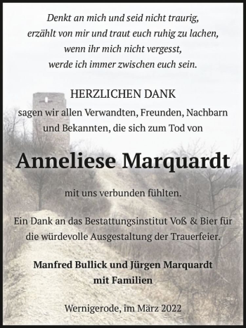 Traueranzeige von Anneliese Marquardt  von Magdeburger Volksstimme