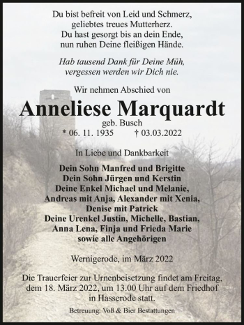 Traueranzeige von Anneliese Marquardt (geb. Busch)  von Magdeburger Volksstimme
