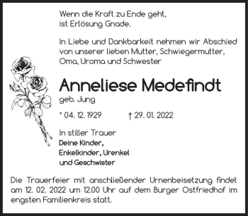 Traueranzeige von Anneliese Medefindt (geb. Jung)  von Magdeburger Volksstimme