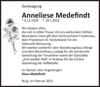 Traueranzeige von Anneliese Medefint  von Magdeburger Volksstimme