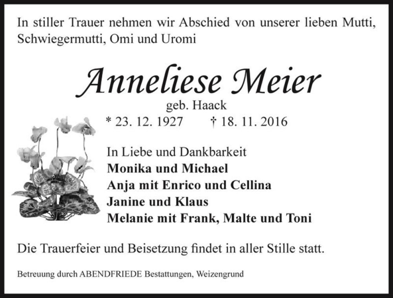  Traueranzeige für Anneliese Meier (geb. Haack)  vom 03.12.2016 aus Magdeburger Volksstimme