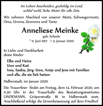 Traueranzeige von Anneliese Meinke (geb. Scheele)  von Magdeburger Volksstimme