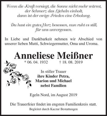 Traueranzeige von Anneliese Meißner  von Magdeburger Volksstimme