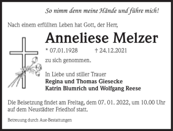 Traueranzeige von Anneliese Melzer  von Magdeburger Volksstimme