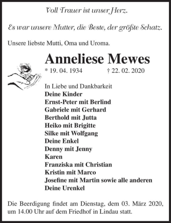 Traueranzeige von Anneliese Mewes  von Magdeburger Volksstimme