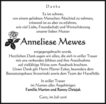 Traueranzeige von Anneliese Mewes  von Magdeburger Volksstimme