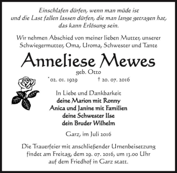 Traueranzeige von Anneliese Mewes (geb. Otto)  von Magdeburger Volksstimme