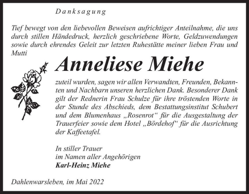  Traueranzeige für Anneliese Miehe  vom 07.05.2022 aus Magdeburger Volksstimme