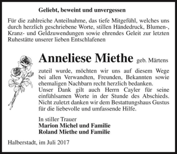 Traueranzeige von Anneliese Miethe (geb. Märtens)  von Magdeburger Volksstimme