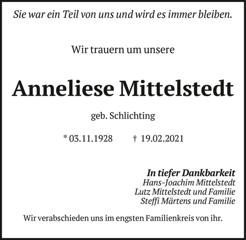  Traueranzeige für Anneliese Mittelstedt (geb. Schlichting)  vom 27.02.2021 aus Magdeburger Volksstimme