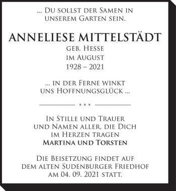 Traueranzeige von Anneliese Mittelstädt (geb. Hesse)  von Magdeburger Volksstimme