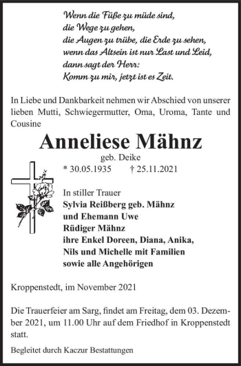 Traueranzeige von Anneliese Mähnz (geb. Deike)  von Magdeburger Volksstimme