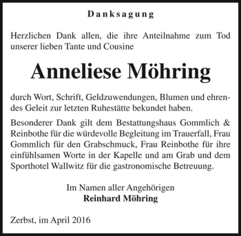 Traueranzeige von Anneliese Möhring  von Magdeburger Volksstimme