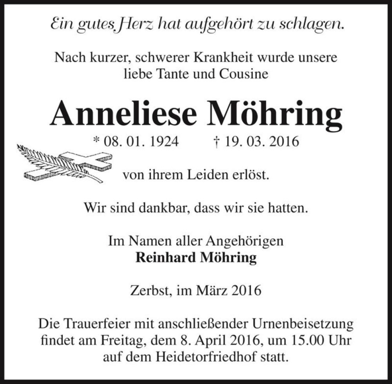  Traueranzeige für Anneliese Möhring  vom 26.03.2016 aus Magdeburger Volksstimme