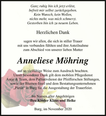Traueranzeige von Anneliese Möhring  von Magdeburger Volksstimme