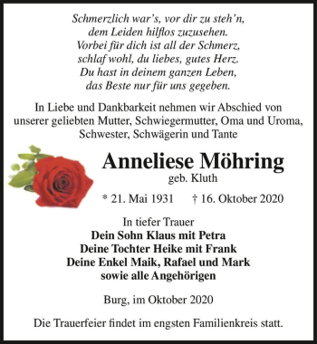 Traueranzeige von Anneliese Möhring (geb. Kluth)  von Magdeburger Volksstimme