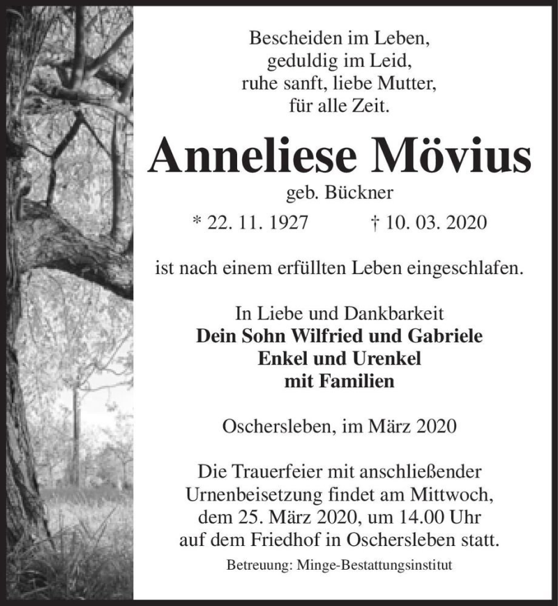  Traueranzeige für Anneliese Mövius (geb. Bückner)  vom 14.03.2020 aus Magdeburger Volksstimme