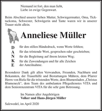 Traueranzeige von Anneliese Müller  von Magdeburger Volksstimme