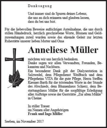 Traueranzeige von Anneliese Müller  von Magdeburger Volksstimme