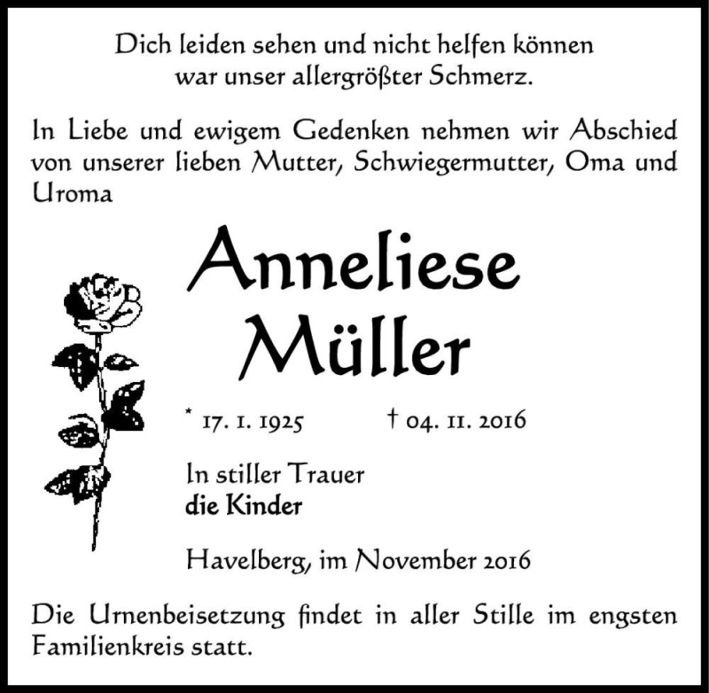  Traueranzeige für Anneliese Müller  vom 08.11.2016 aus Magdeburger Volksstimme