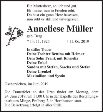 Traueranzeige von Anneliese Müller (geb. Berg)  von Magdeburger Volksstimme
