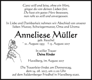 Traueranzeige von Anneliese Müller (geb. Keuchel)  von Magdeburger Volksstimme