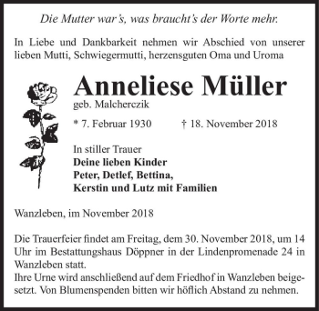 Traueranzeige von Anneliese Müller (geb. Malcherczik)  von Magdeburger Volksstimme