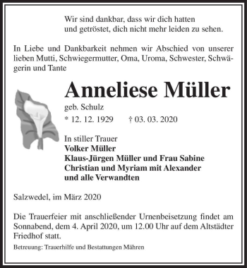 Traueranzeige von Anneliese Müller (geb. Schulz)  von Magdeburger Volksstimme