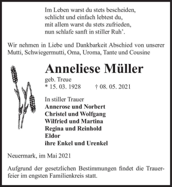 Traueranzeige von Anneliese Müller (geb. Treue)  von Magdeburger Volksstimme