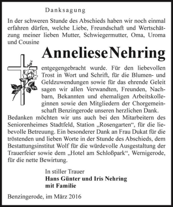 Traueranzeige von Anneliese Nehring  von Magdeburger Volksstimme