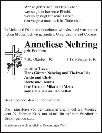 Traueranzeige von Anneliese Nehring (geb. Erxleben)  von Magdeburger Volksstimme
