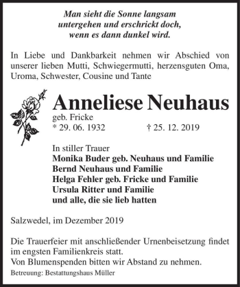 Traueranzeige von Anneliese Neuhaus (geb. Fricke)  von Magdeburger Volksstimme