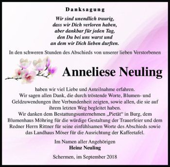 Traueranzeige von Anneliese Neuling  von Magdeburger Volksstimme