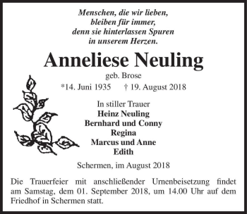 Traueranzeige von Anneliese Neuling (geb. Brose)  von Magdeburger Volksstimme