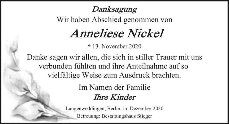  Traueranzeige für Anneliese Nickel  vom 19.12.2020 aus Magdeburger Volksstimme