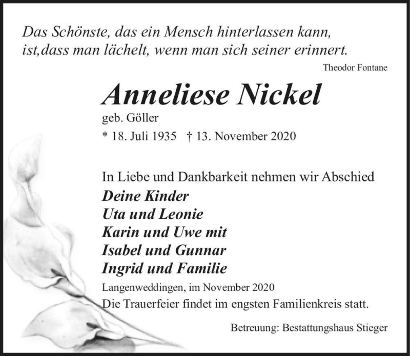  Traueranzeige für Anneliese Nickel (geb. Göller)  vom 18.11.2020 aus Magdeburger Volksstimme