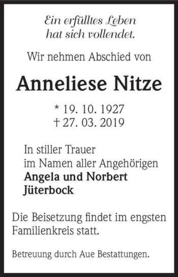 Traueranzeige von Anneliese Nitze  von Magdeburger Volksstimme