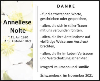 Traueranzeige von Anneliese Nolte  von Magdeburger Volksstimme