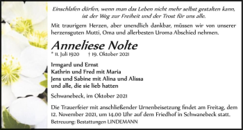 Traueranzeige von Anneliese Nolte  von Magdeburger Volksstimme