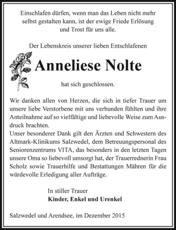 Traueranzeige von Anneliese Nolte  von Magdeburger Volksstimme