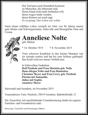 Traueranzeige von Anneliese Nolte (geb. Bäcker)  von Magdeburger Volksstimme
