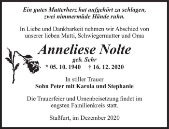 Traueranzeige von Anneliese Nolte (geb. Seher)  von Magdeburger Volksstimme