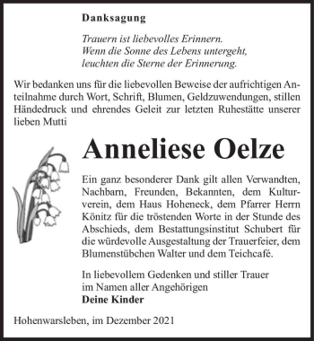 Traueranzeige von Anneliese Oelze  von Magdeburger Volksstimme