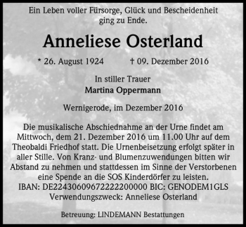 Traueranzeige von Anneliese Osterland  von Magdeburger Volksstimme